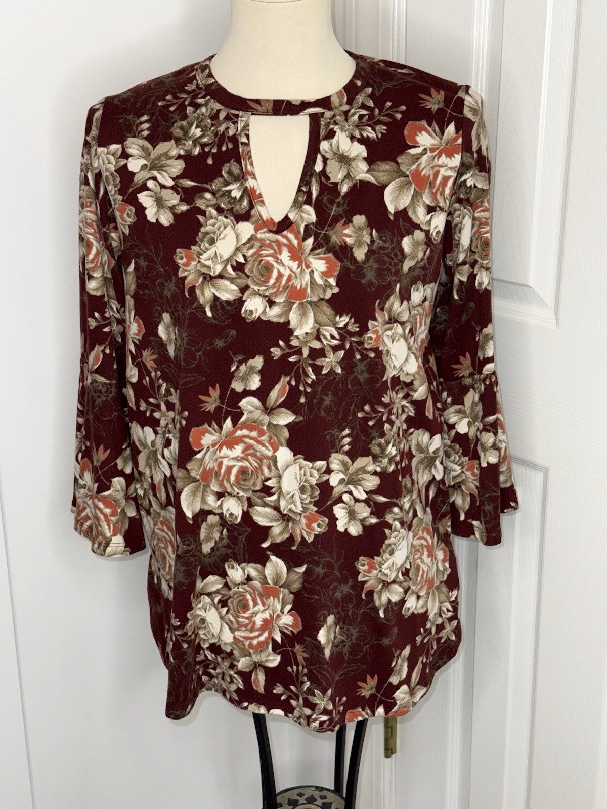 Crepas Womans Blouse Shirt floral tunic 3/4 pullover keyhole size small