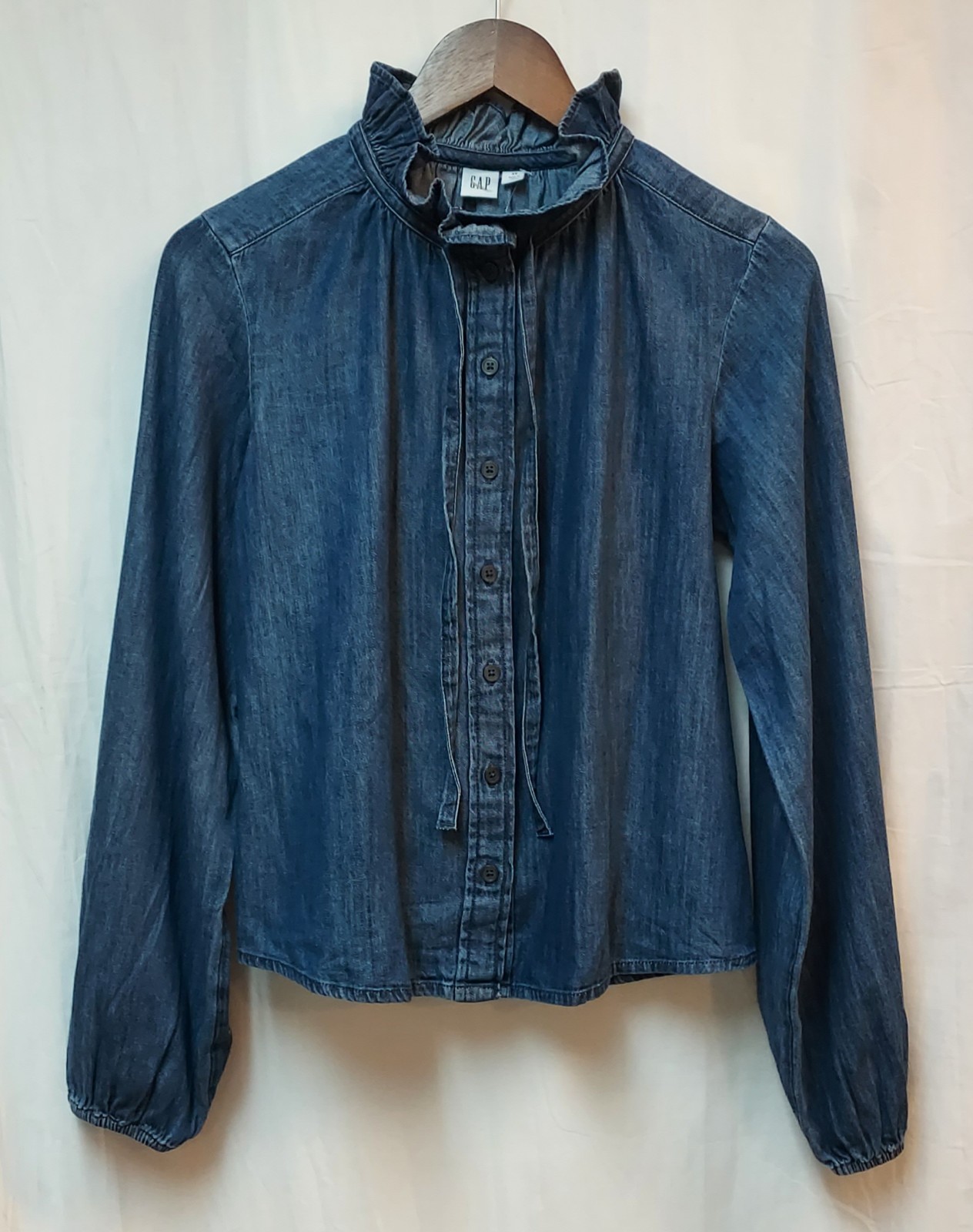 NWT Gap Relaxed Denim Blouse, M, Dark Wash, Ruffle Neck, Button Front, Western