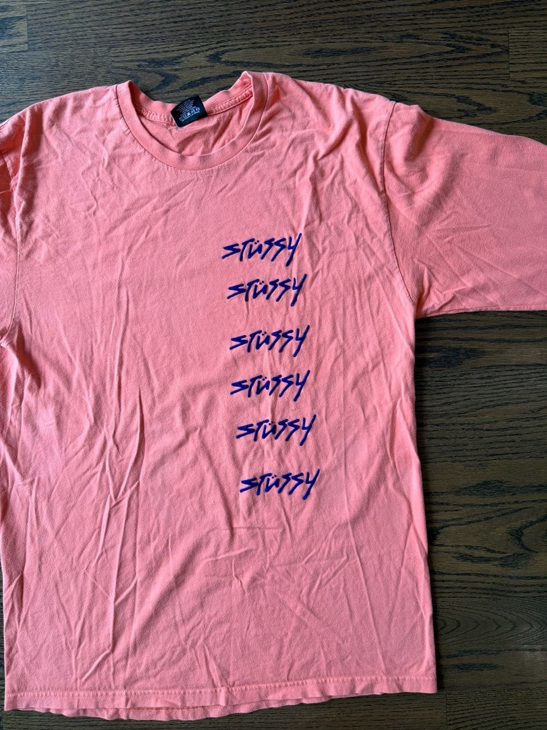 Stüssy Coral Long-Sleeve Shirt with Stacked velvet textured Logo Graphics