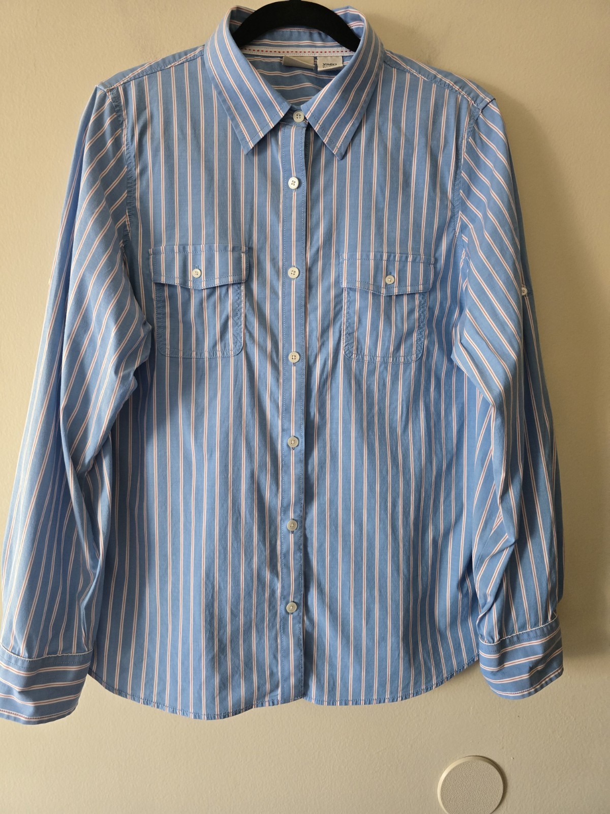 LL Bean Button Down Womens XL Blue/Red Stripe Roll Tab Top Career Casual Preppy