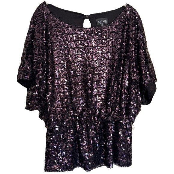 Xscape Black Beaded Purple Square Blouse Top Sz 10 Party Evening Cocktail Fancy