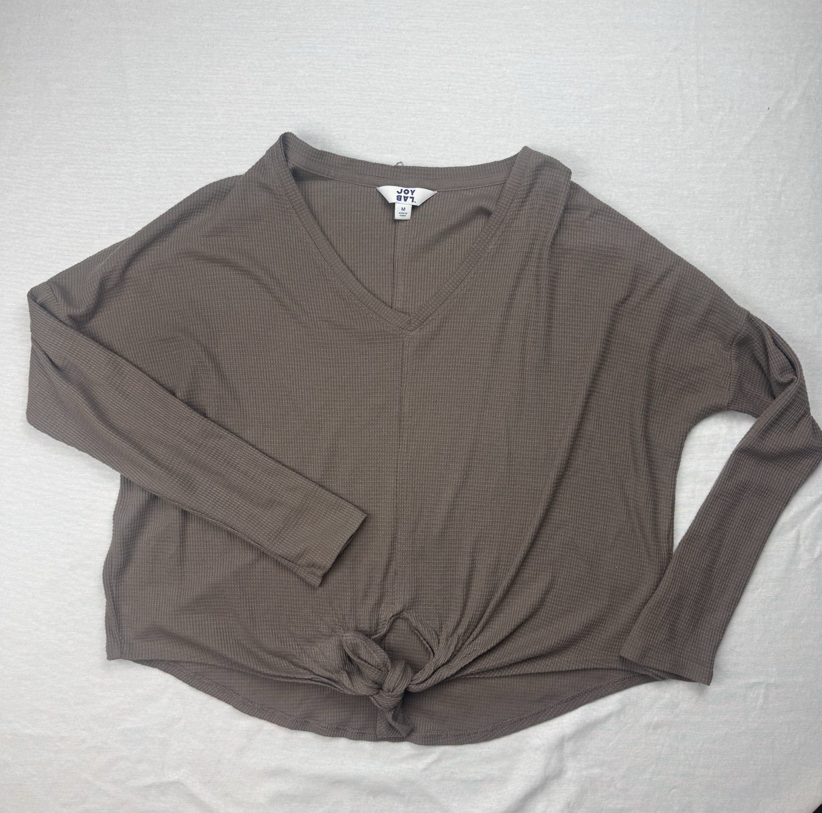 Joy Lab Womens Medium Brown Waffle Knit Tie Front Long Sleeve V-Neck Top M