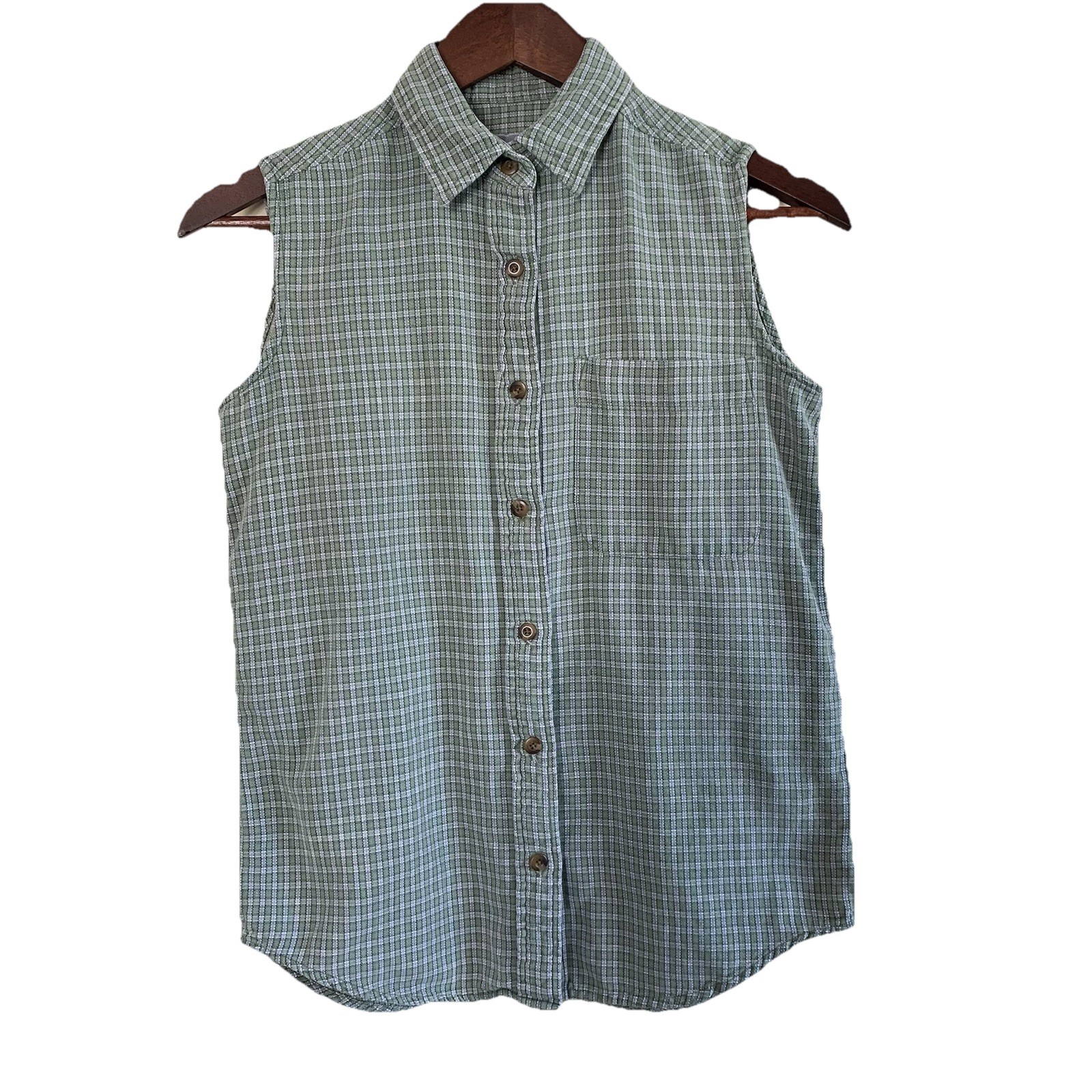 Eastern Mountain Sports EMS Women’s Sleeveless Green Plaid Button Up Shirt Small