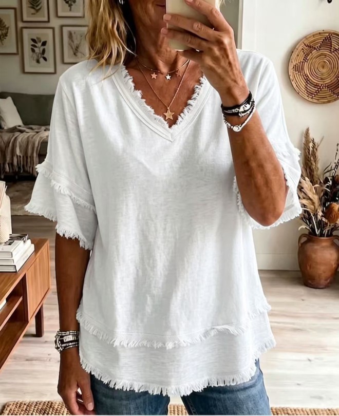 Women’s V-neck ruffle edge short-sleeved cotton linen loose casual shirt top –