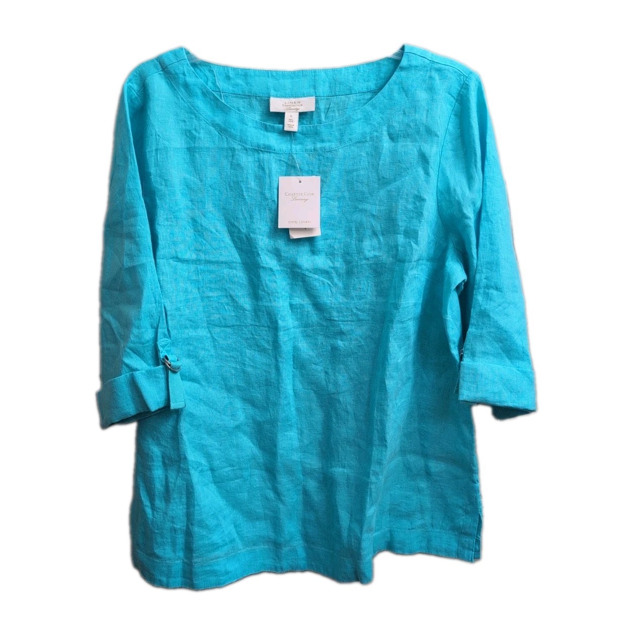 NWT 100% Linen Top Charter Club Women Large Turquoise Blue Beachy Luxury
