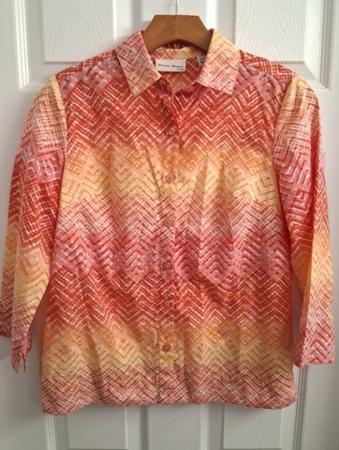 Studio Works Red And Orange Patterned Button Up Shirt Petite Small