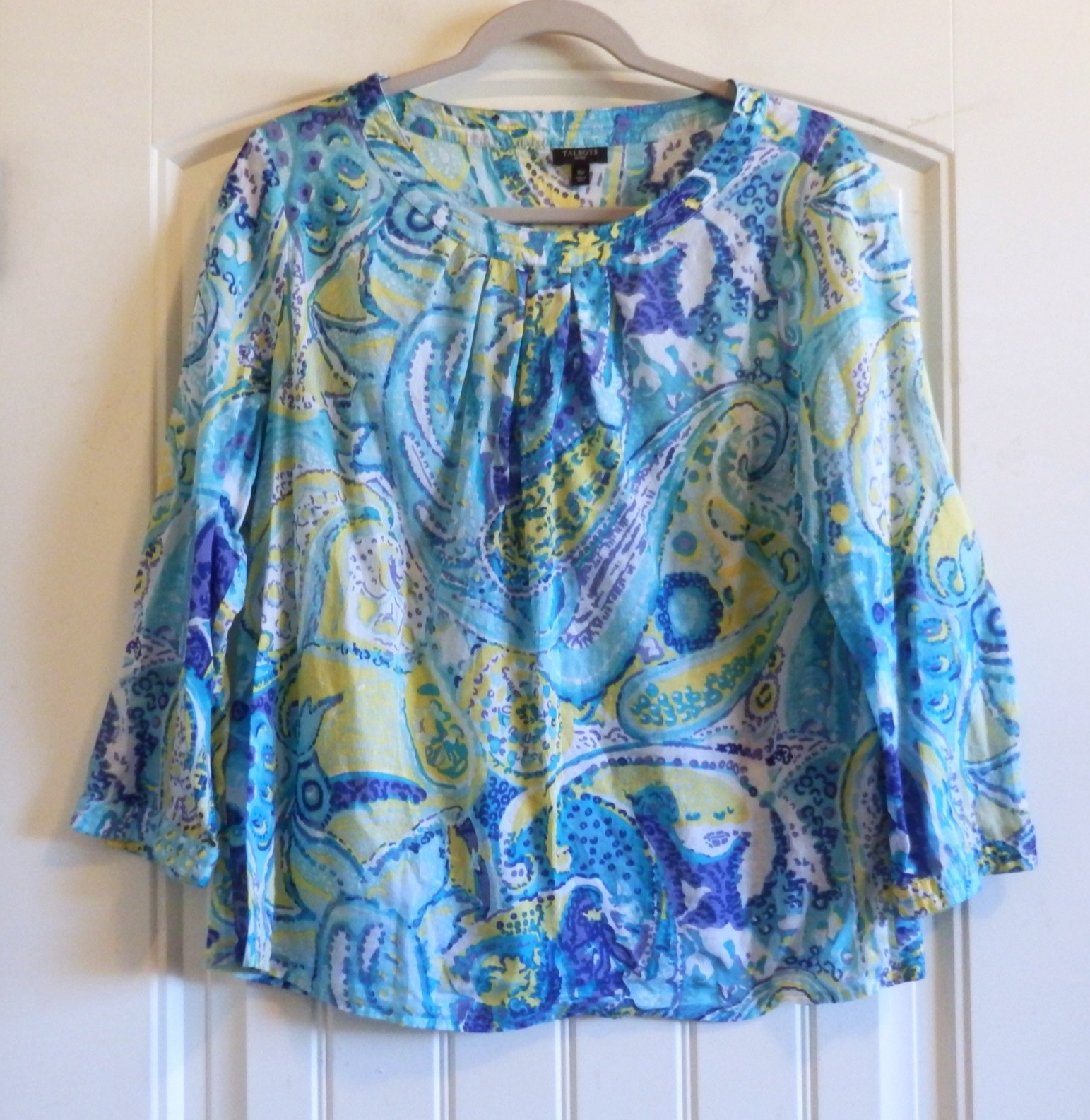 $79 TALBOTS Blue Floral Cotton 3/4 Sl. BLOUSE Tunic TOP Women’s SZ 16P Petite P
