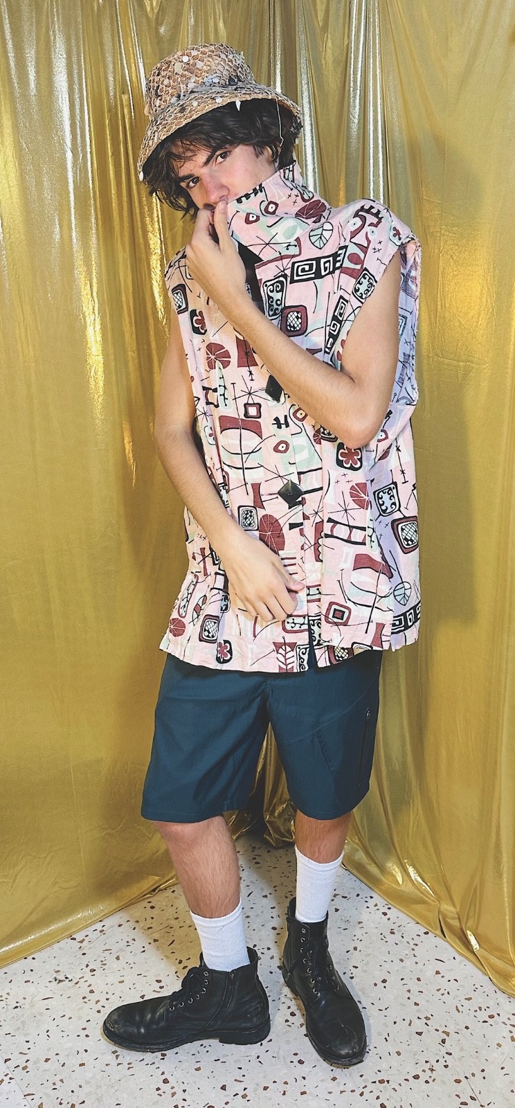 Vtg PAINTED PONY Cotton TIKI Beach Sleeveless Shirt ATOMIC Mid Century Print XL