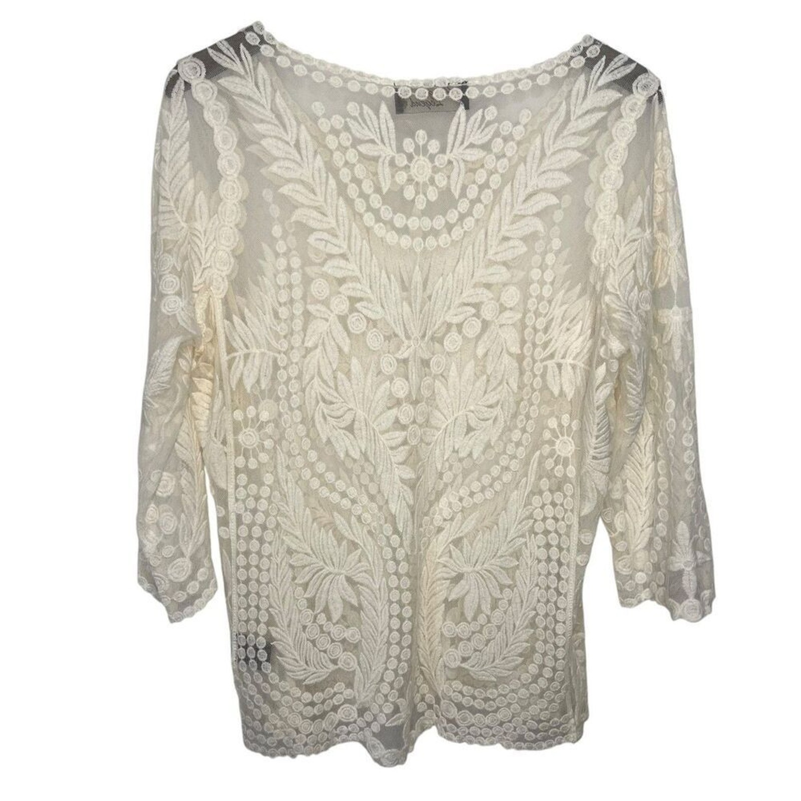 Cowgirl Legend Embroidered Mesh Top size Large Ivory 3/4 Sleeve Boho Western