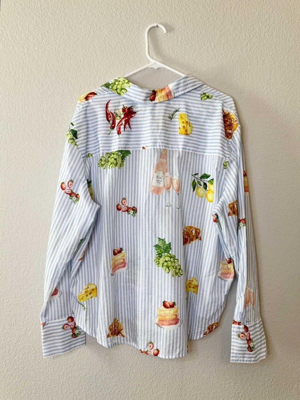 Eliane Rose Novelty Brunch/Food Print Cotton Button Down Shirt Blue Stripe XL