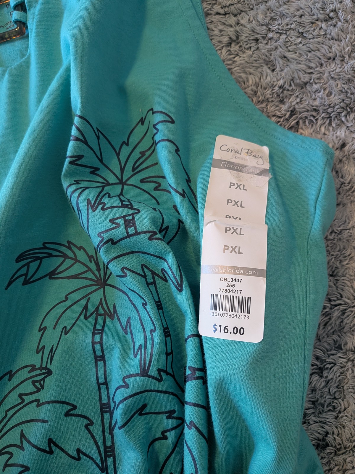 Coral Bay Petite (PXL) Palm Tree/Aqua Sleeveless Top New w/Tags