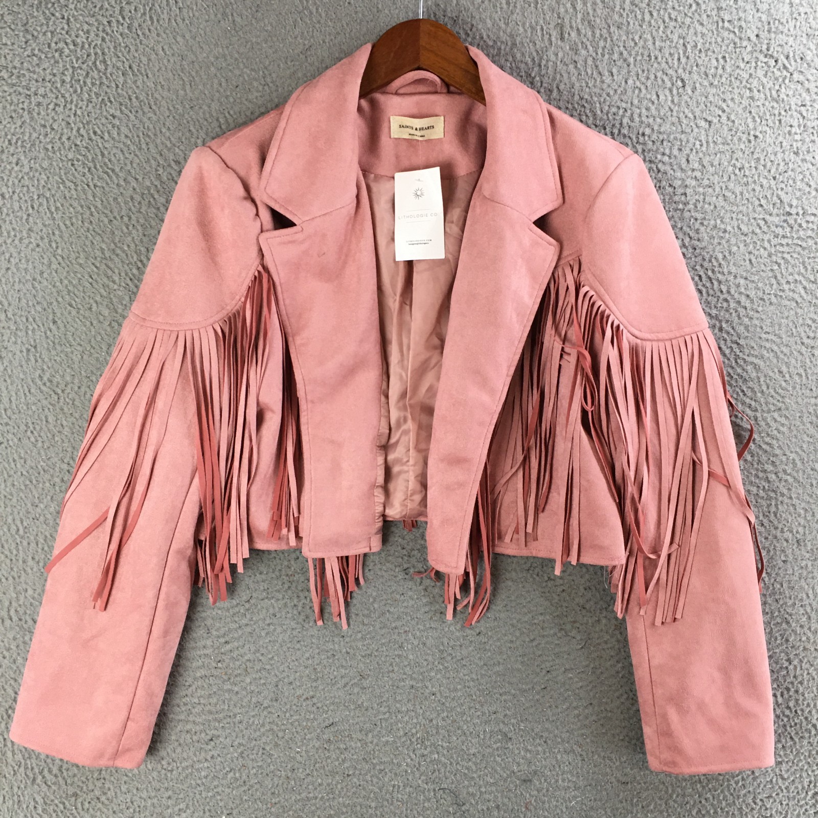Saints & Hearts Jacket Womens Large Fringe Cropped Open Front Faux Suede Pink