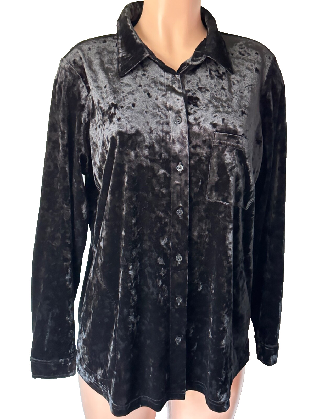 Belle Kim Gravel Womans Size M Shirt Black Velour Velvet Button-Up Shirt Top