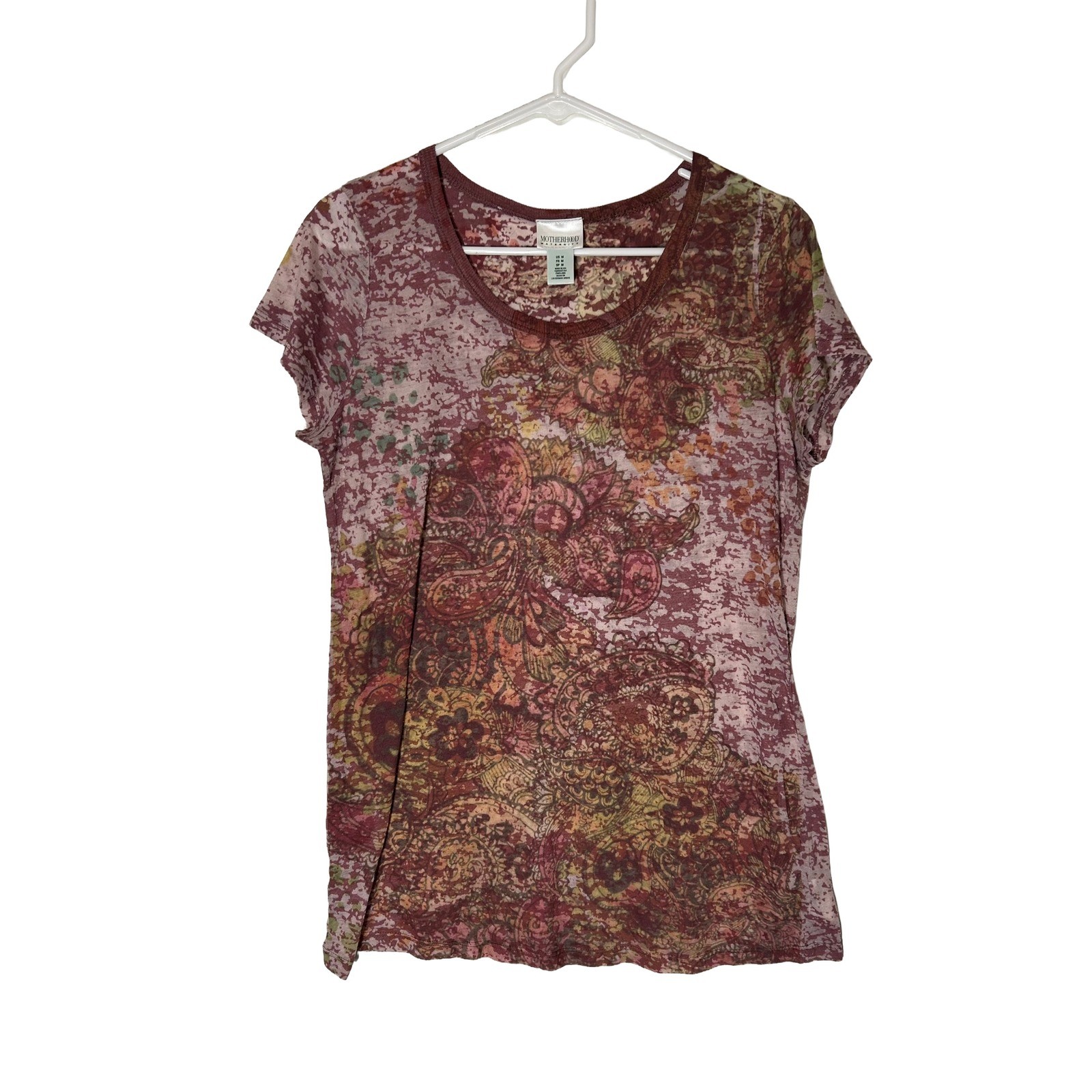 Motherhood Maternity Medium Short Sleeve Burnout Floral Paisley Tee Burgundy M