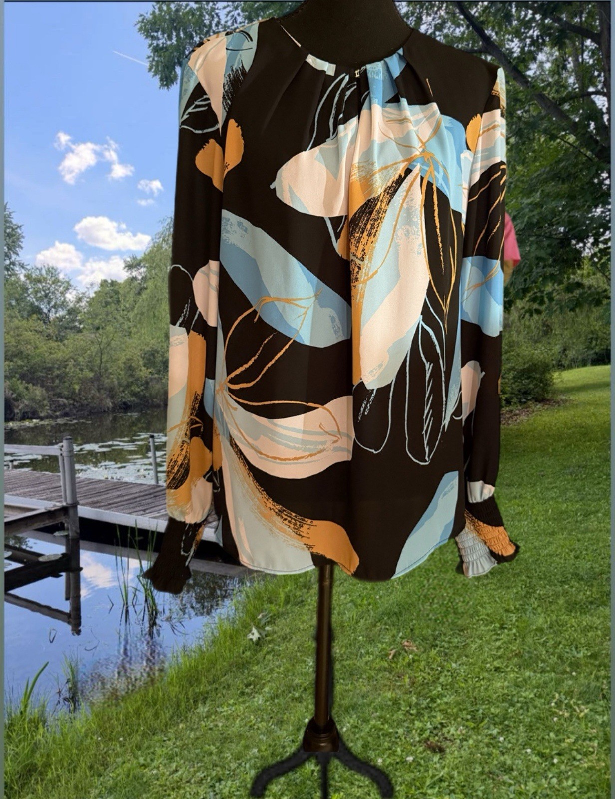 Black Floral Abstract Long-Sleeve Blouse with Blue & Tan Accents WORTHINGTON XL