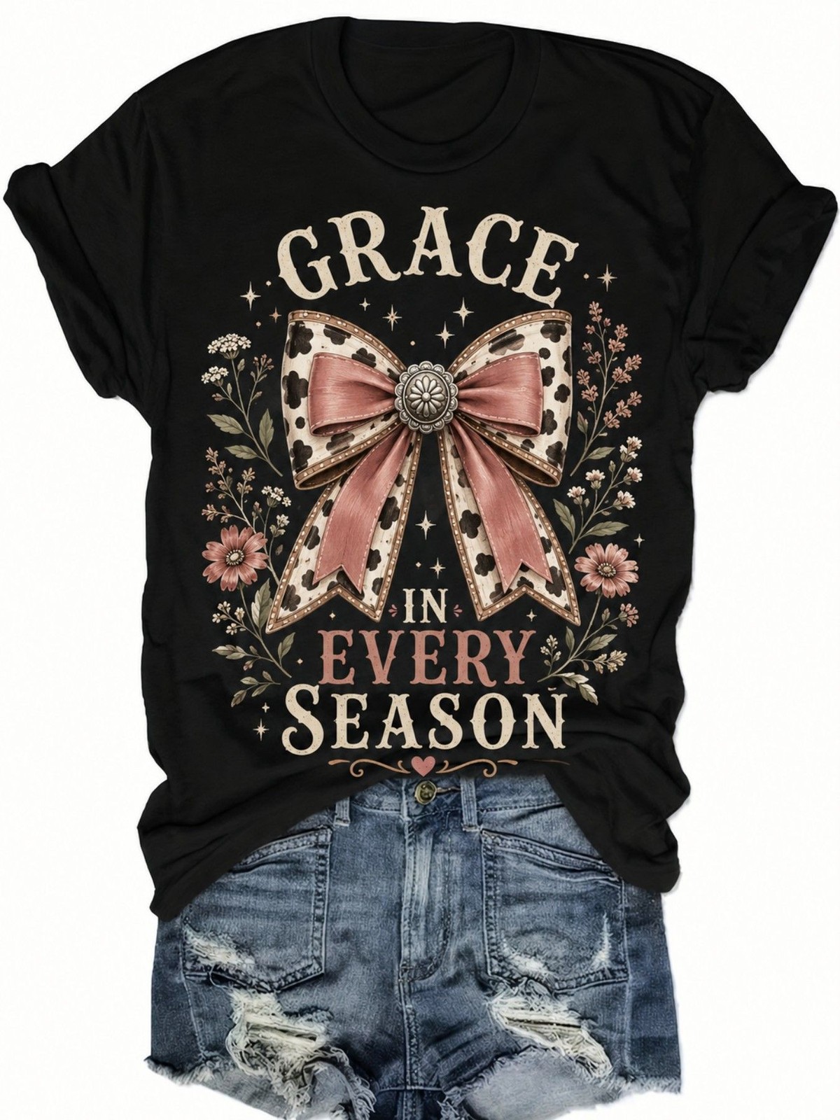 Black Graphic T Shirt, Western Cow Print Bow Floral Casual Everyday Tee
