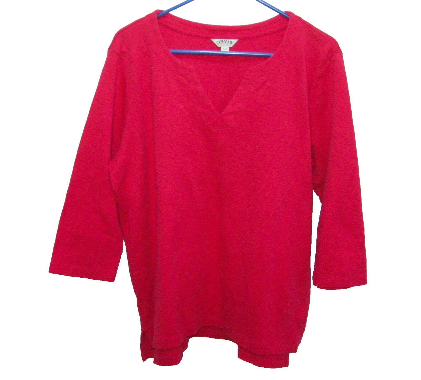 Orvis Womens Large Solid Red V-Neck Shirt Mid Length Sleeve T-Shirt Cotton Top