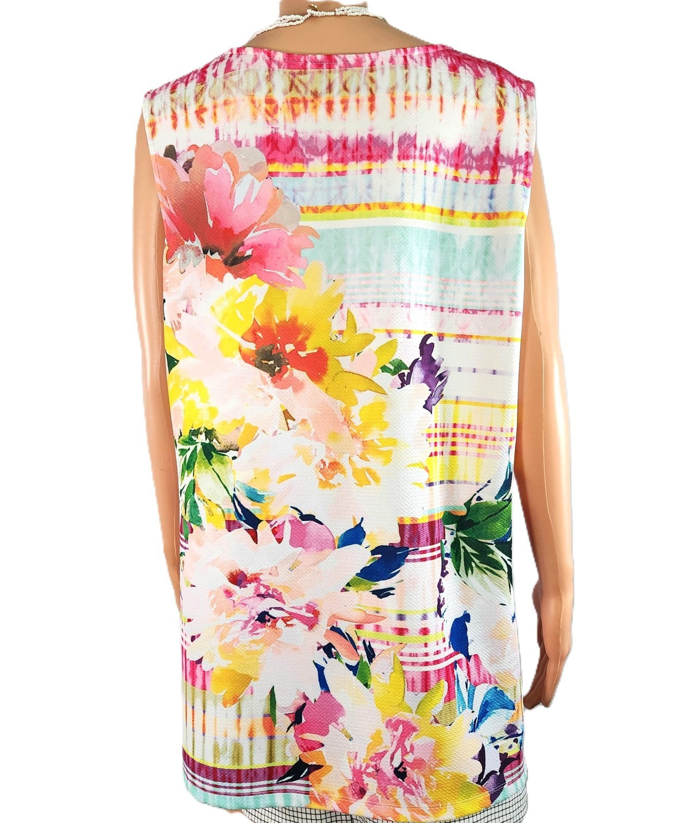 CHRISTOPHER BANKS XL White Floral Slvless Tunic Blouse Top Easy Care Stretch EUC