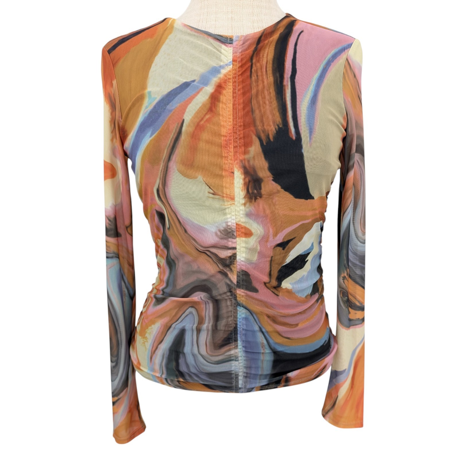 Bailey 44 Womens S Mesh Ruched Long Sleeve Top Colorful Swirl Psychedelic Cyber