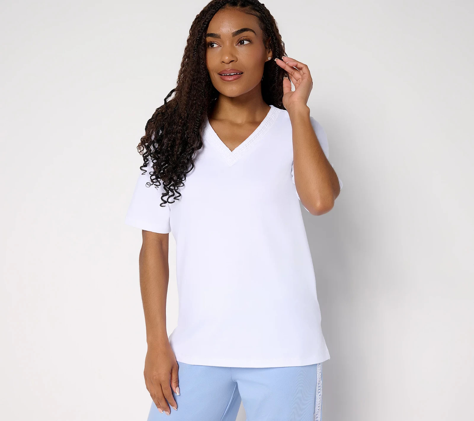 Cuddl Duds Cottonwear+ V-Neck Crochet Trim Tee white, L #G1