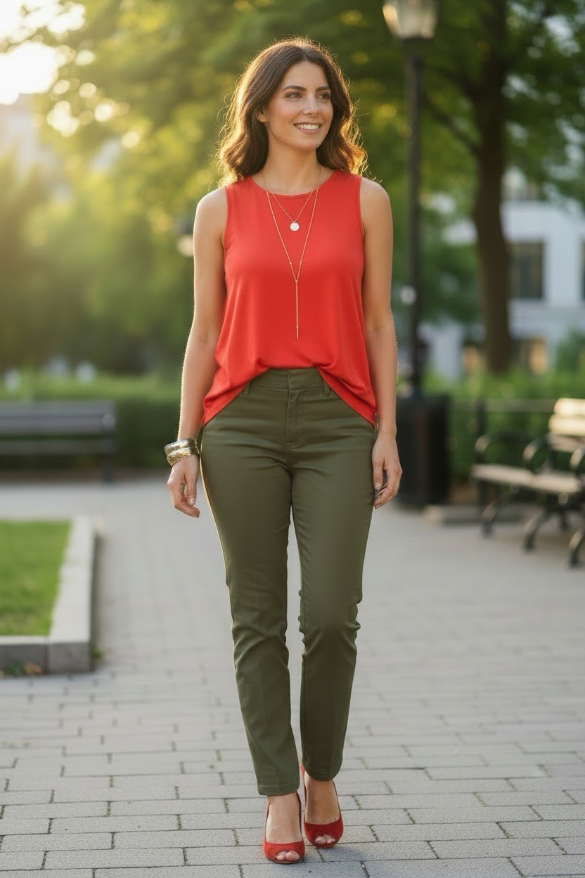 EILEEN FISHER Flame Red Fine Jersey Knit Crew Neck Long Tank Top S/M NWT Classic