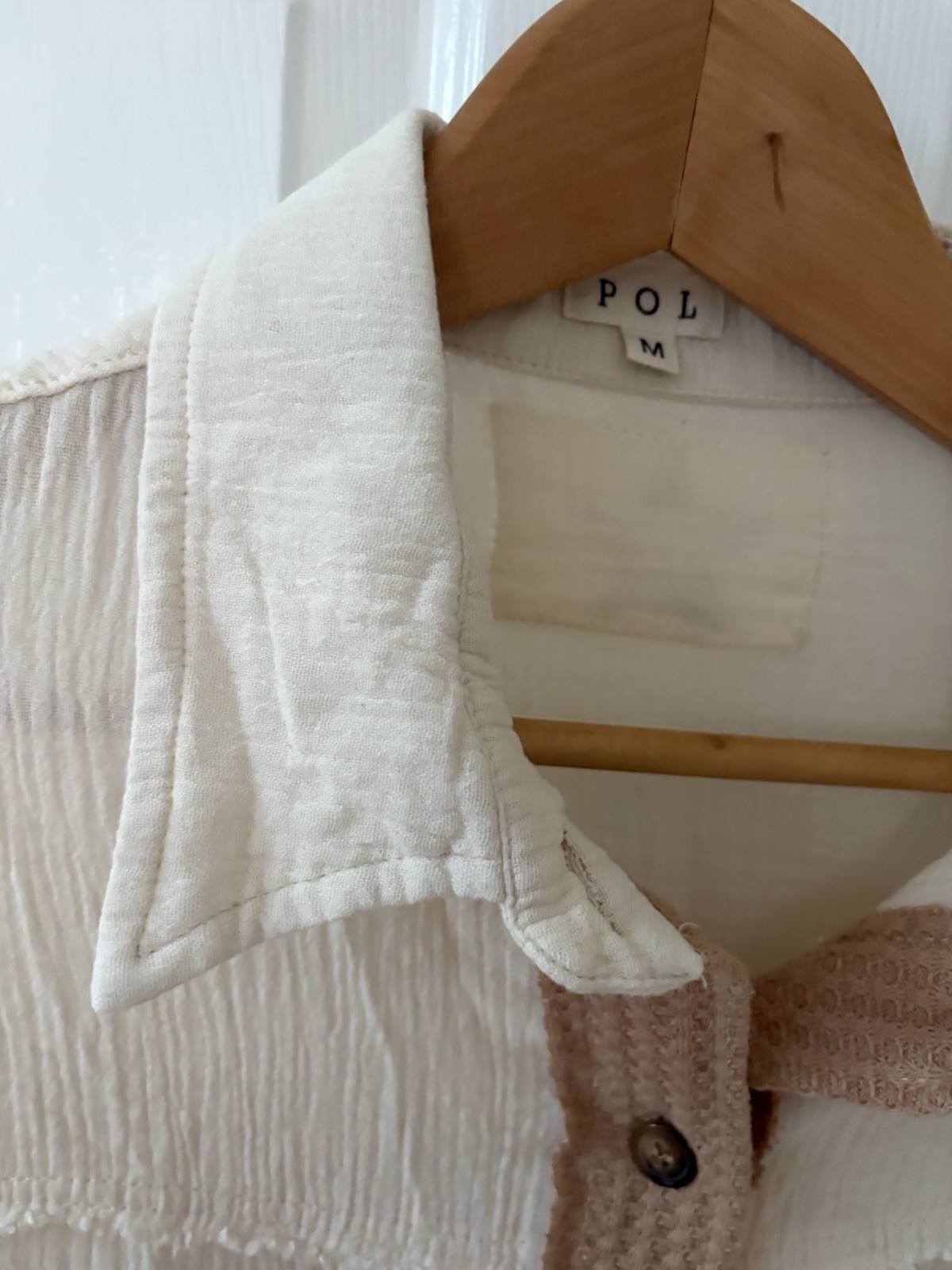 POL Off White Button Up Top Shirt Women M Boho Shabby Chic Raw Edges Art Peasant