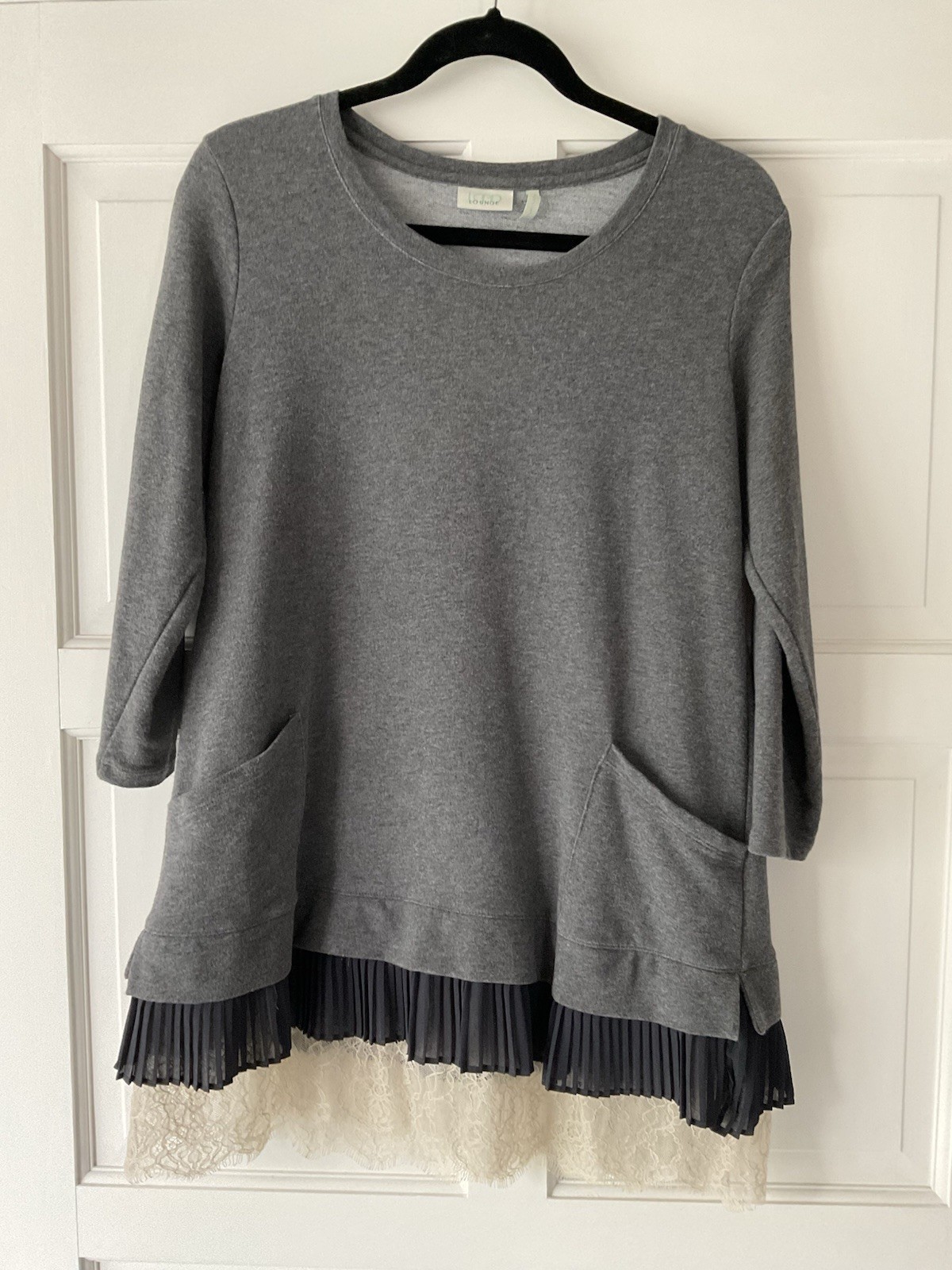 LOGO Lounge by Lori Goldstein French Terry Top w/Chiffon & Lace Hem, Small, Grey