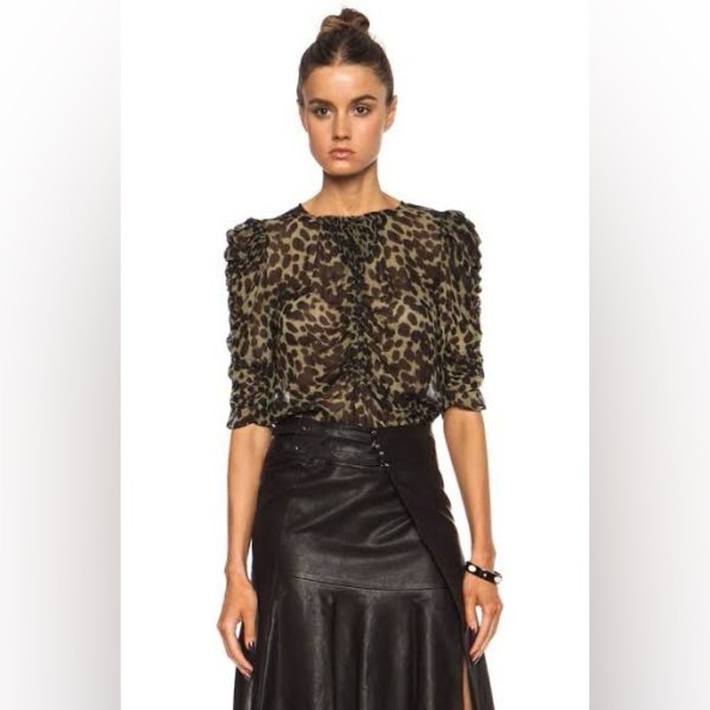 Isabel Marant Caja Leopard Print Blouse Ruched Sleeve Blouse Size 42