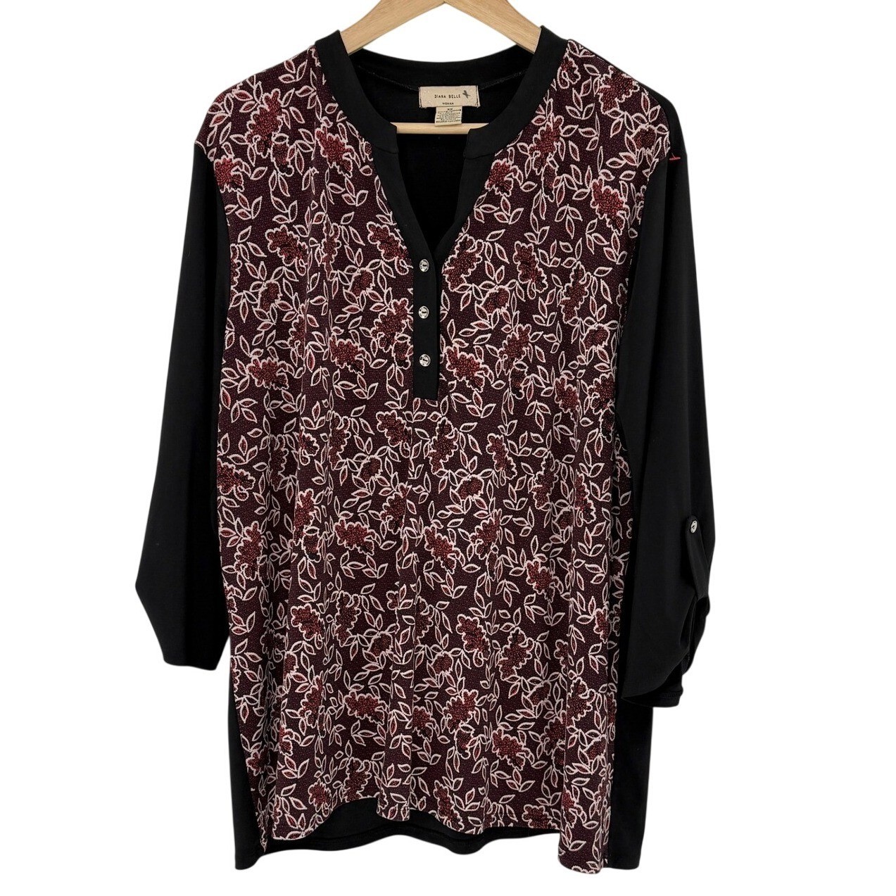 Diana Belle Woman 3X Tunic Top Black Burgundy Floral Henley Roll Tab Sleeve