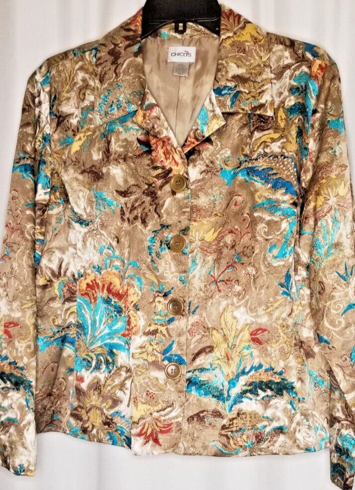 Chico’s Women’s Jacket Silk Blend Metallic Embroidered Abstract Size Large