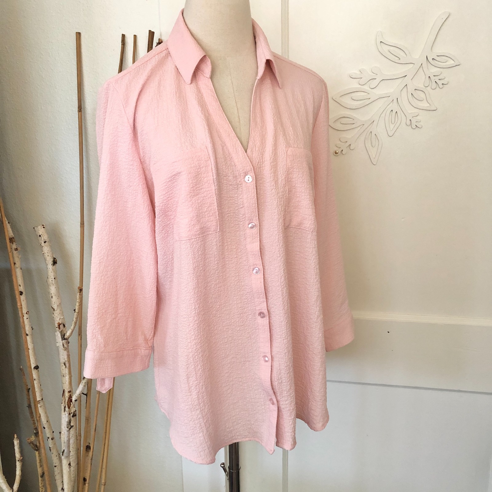 BCX Blouse Size XL Pale Peach Orange Crepe Stretch Button Front Roll Tab Sleeves