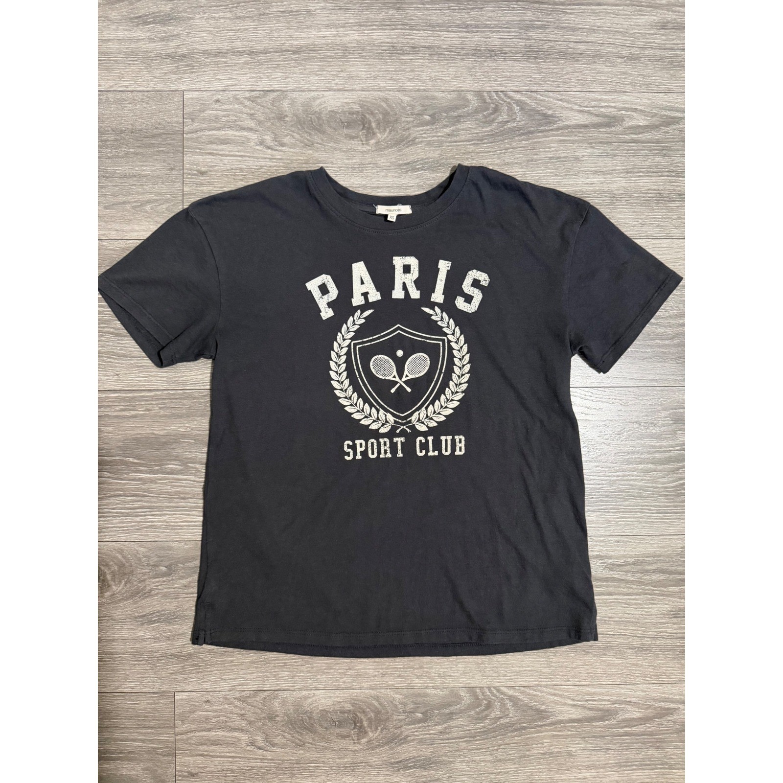 Maurices Womens T-Shirt XS Paris Sport Club Tennis Graphic Charcoal Grey Boxy