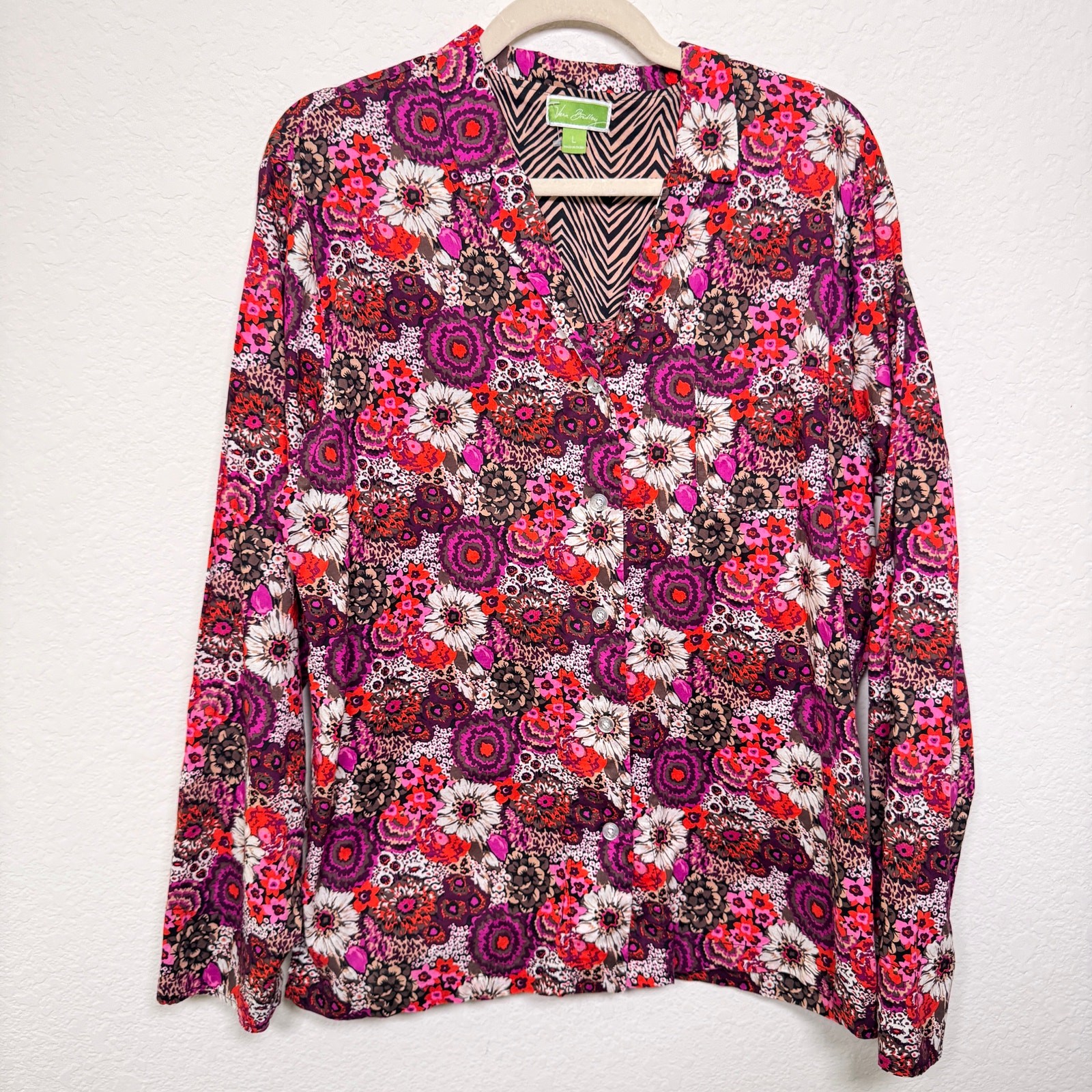 Vera Bradley Womens Button Top Blouse Size L Rosewood Floral 100% Cotton Pink