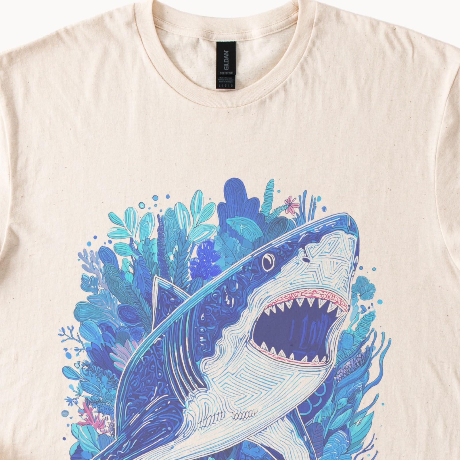 Shark Ocean Line Art Graphic Tee with Aquatic Plants Design