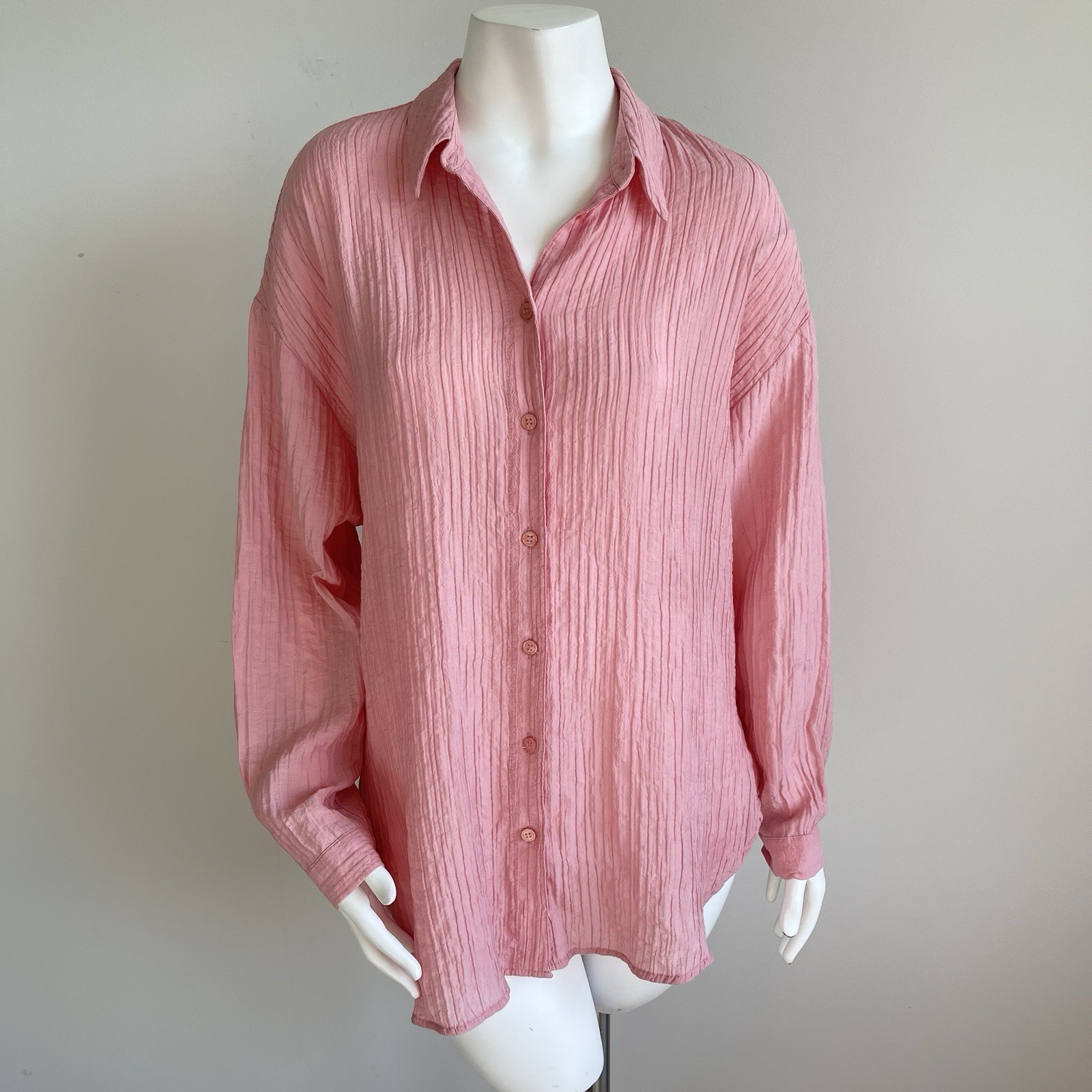 Zara Crinkle Oversized Button Down Tunic Shirt Twisted Cut Out Pink M Preppy