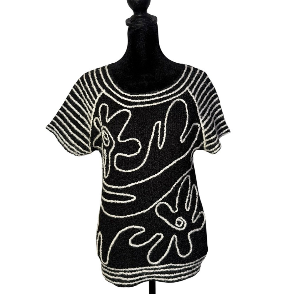 Abstract Art To Wear Crinkle Top Womens S Black White Lagenlook Textured Blouse