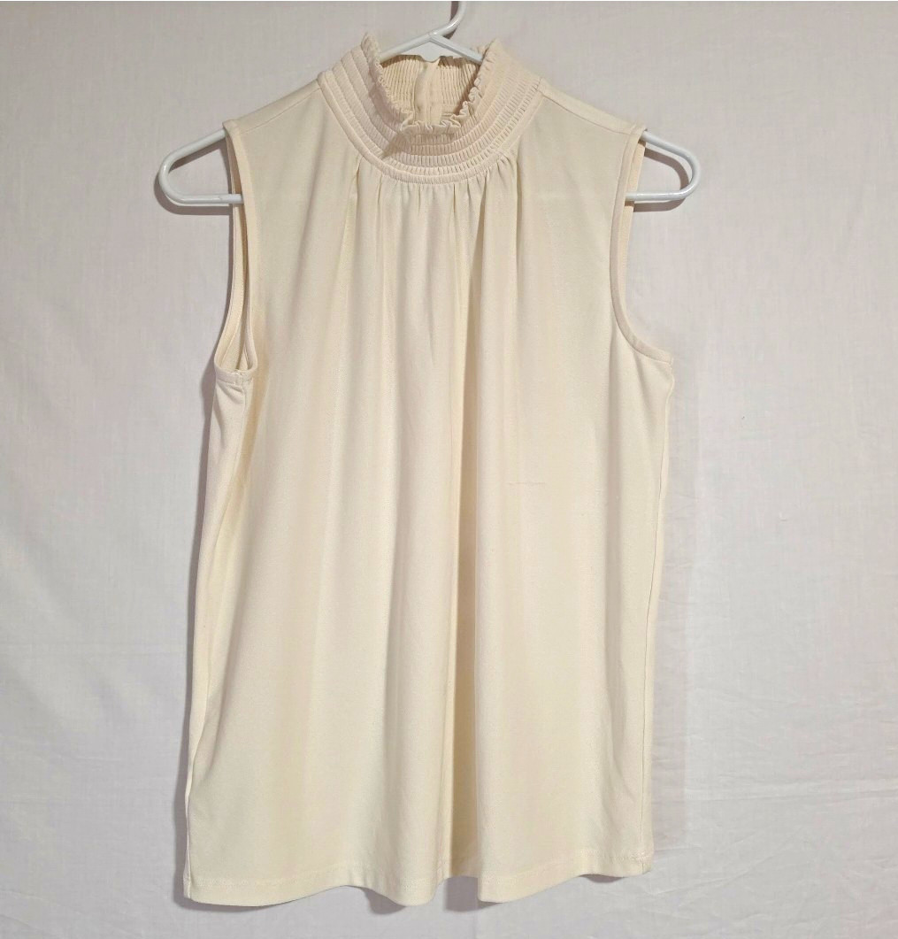 Ann Taylor Factory Women’s Ivory Solid Mock Neck Pleated Sleeveless Blouse S