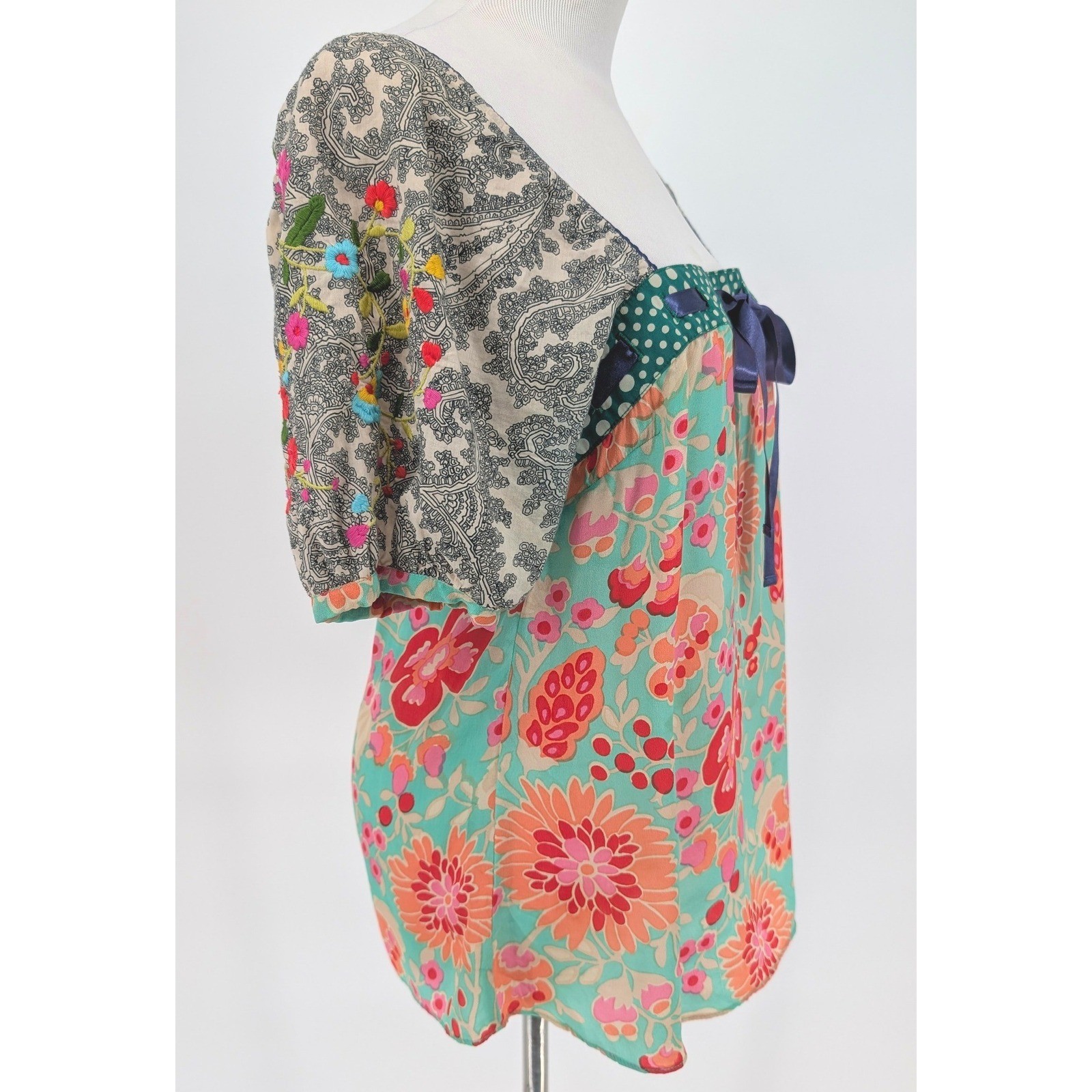 Fei Anthropologie Silk Embroidered Blouse 2 Teal Floral Paisley Boho Cottage