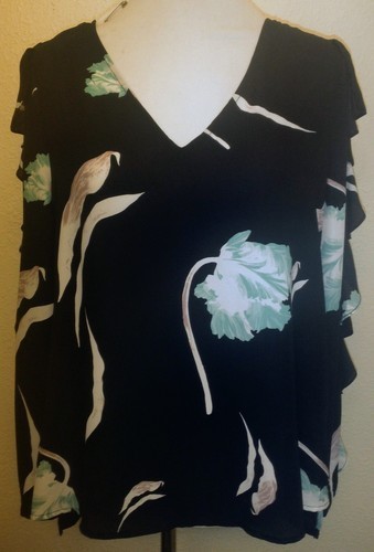 1. State Black &Blue Floral Print Ruffle Cold Shoulder Sz. M V-Neck Hi-lo Blouse