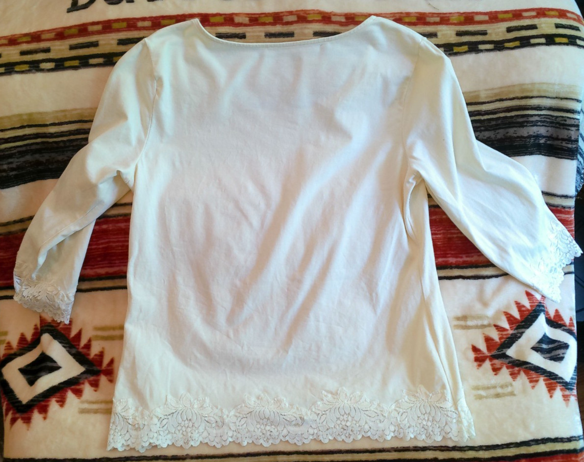COLDWATER CREEK VTG MEDIUM PULLOVER CREAM LACE TRIM SCOOP NECK 3/4 SLV MACAU