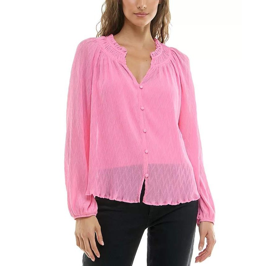 BCX Ruffled Split-Neck Gauze Blouse in Peony size M