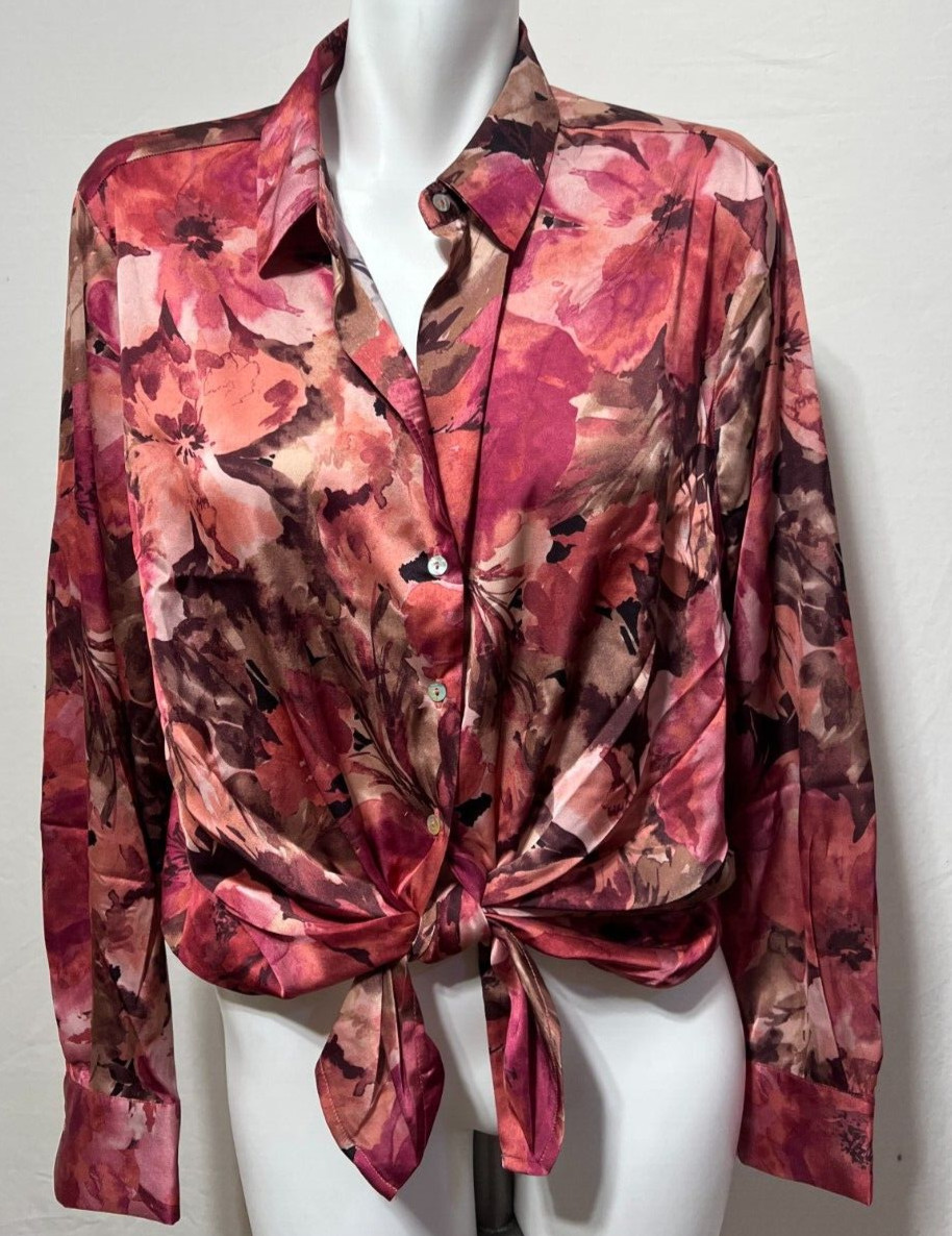 Haver Women Large Satin Top Shirt Blouse New NWT Pink Mauve Floral Tie Knot