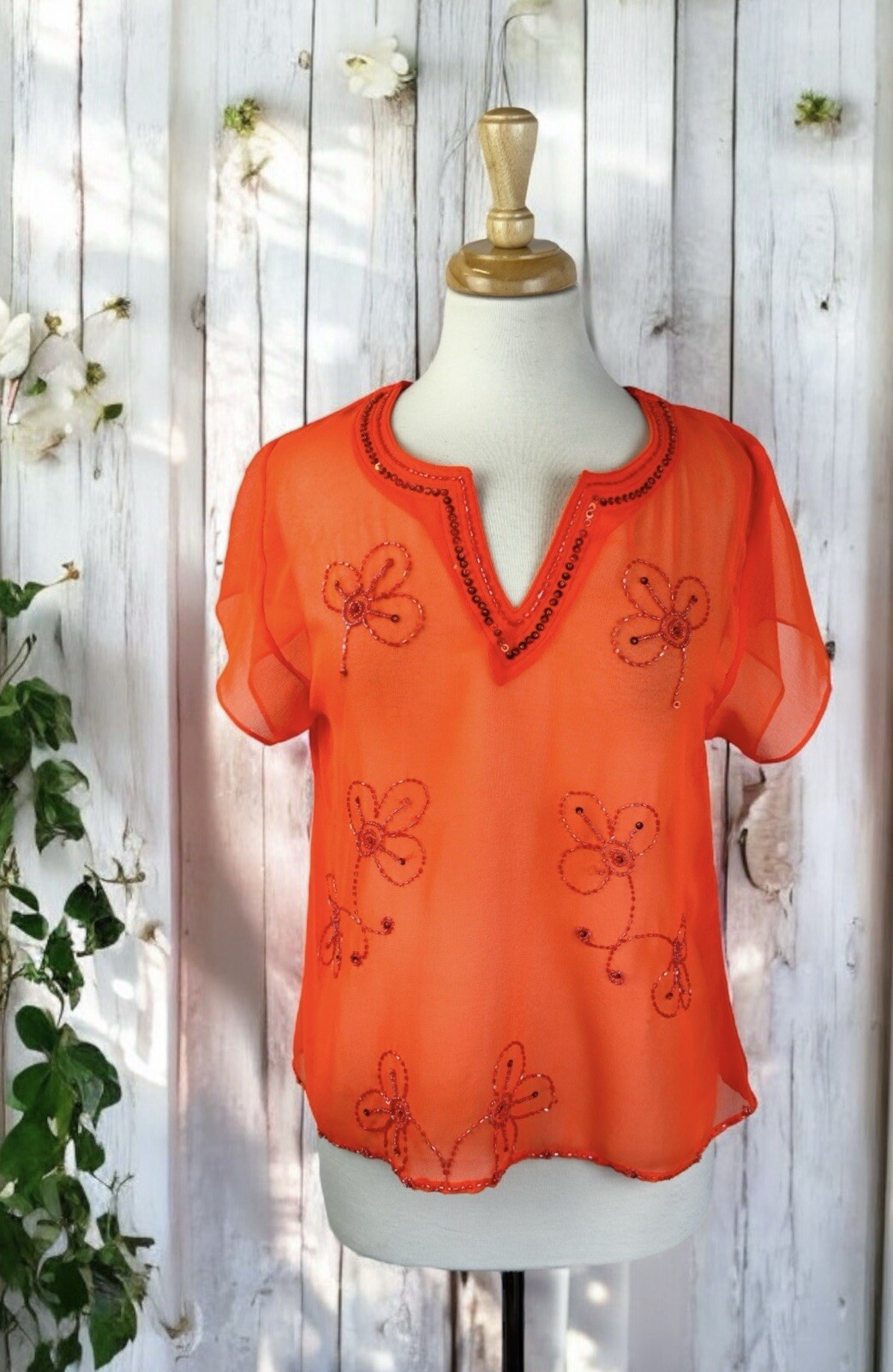 Orange Beaded Sequin Sheer Flower Blouse Bohemian Hippie Fairy Beach Artsy 90s M