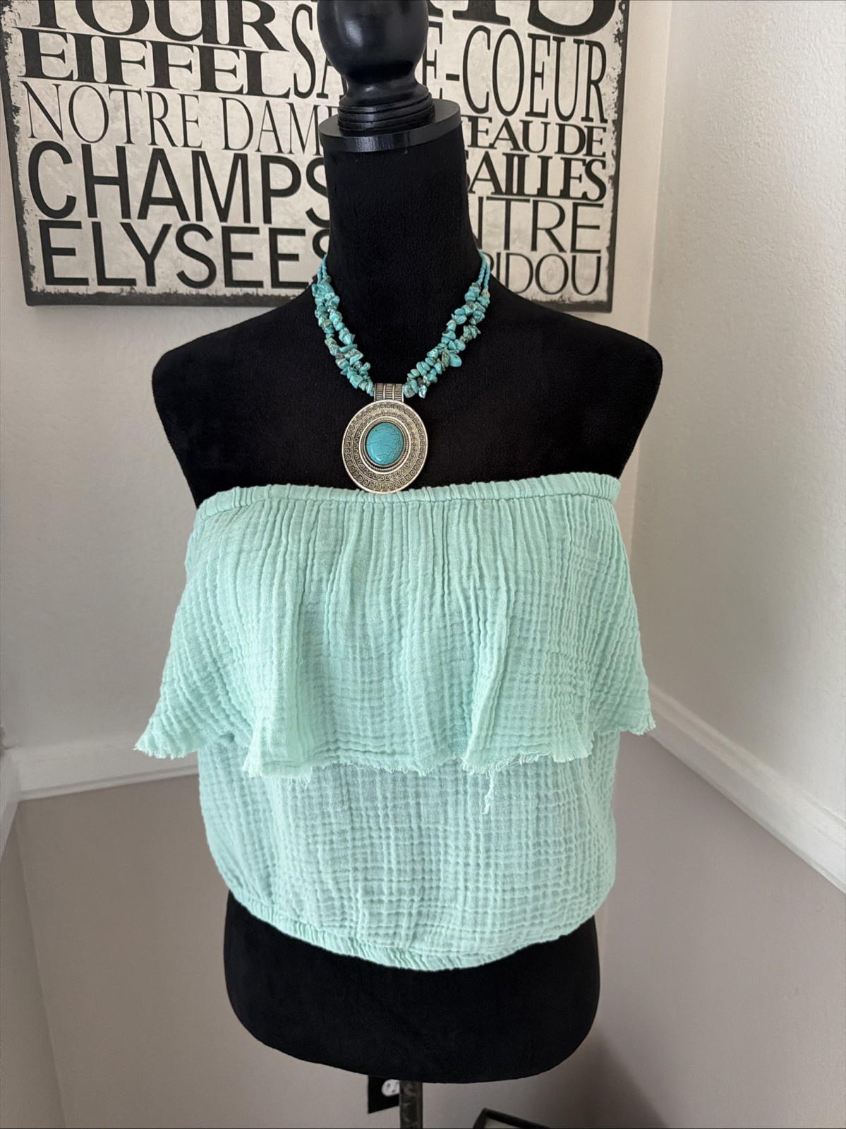 NWT Michael Stars Fleur Strapless Top Double Gauze 100% Cotton Aqua Blue M $98