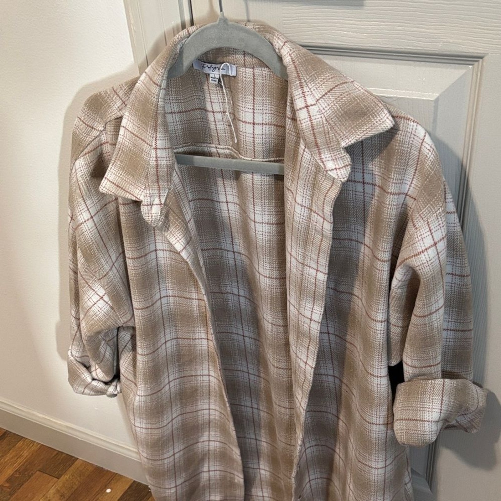 Polagram Plaid Button Up Neutral Oversized Shacket L Comfy Granola Cabincore
