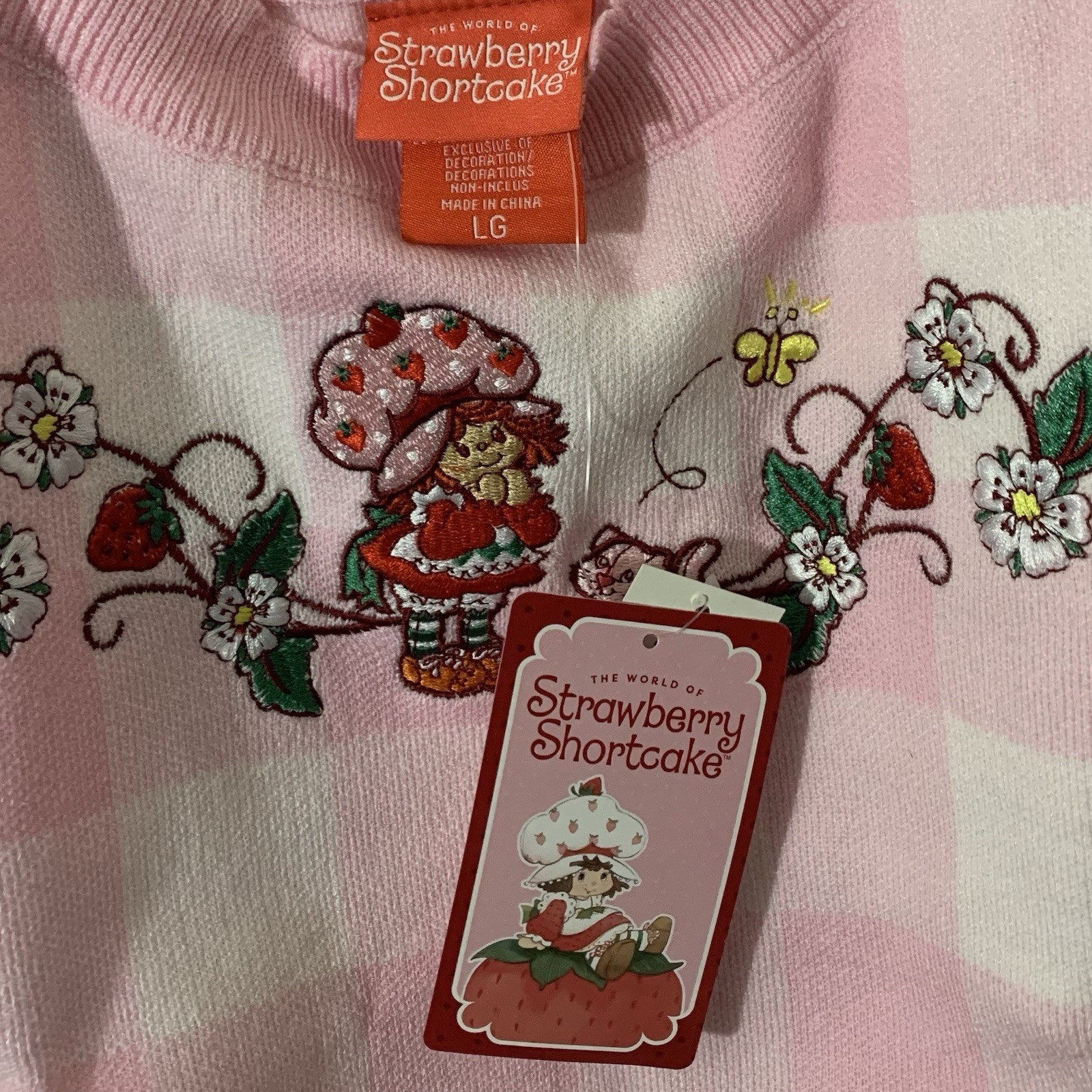 Strawberry Shortcake Box Lunch Women’s Knit Tank L Pink Gingham Embroidered New