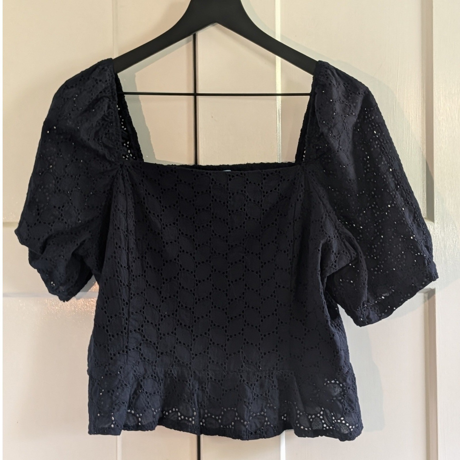 Draper James RSVP Navy Eyelet Square Neck Puff Sleeve Lined Cotton Top XL Prep