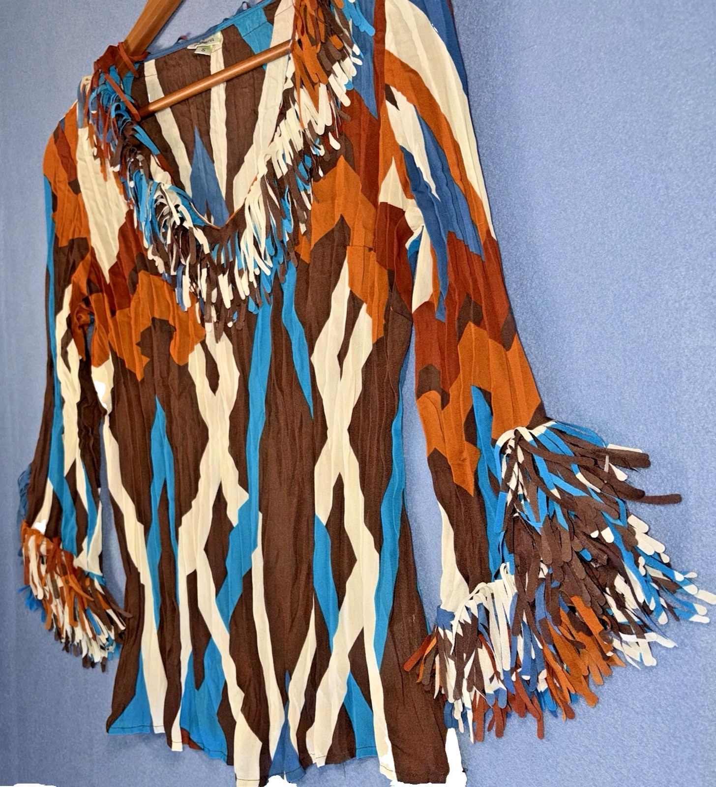 Agora Boho Fringe Top Womens Small Geometric Print Western Festival Y2K Blouse