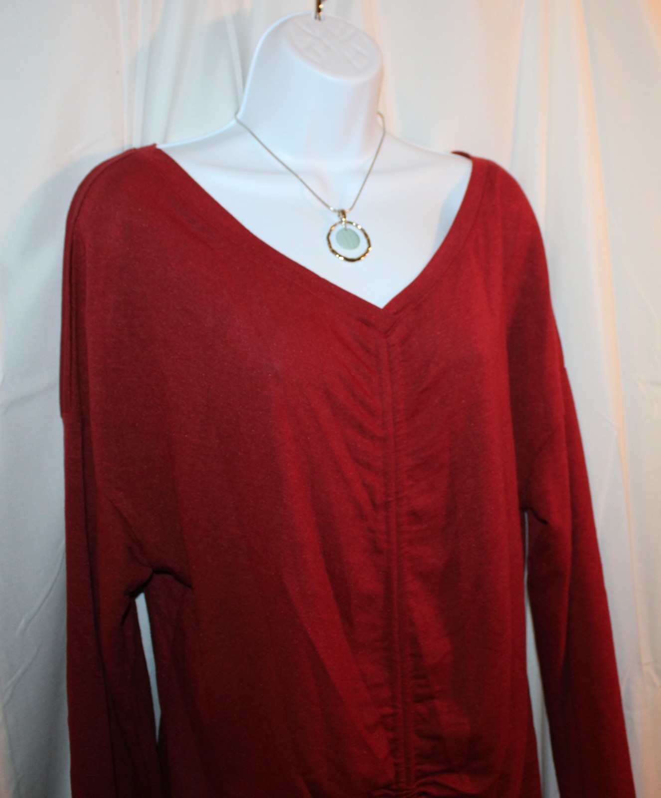 Metallic Deep Red Long Sleeve Ruche Front V-Neck Stretch Blouse – Size L