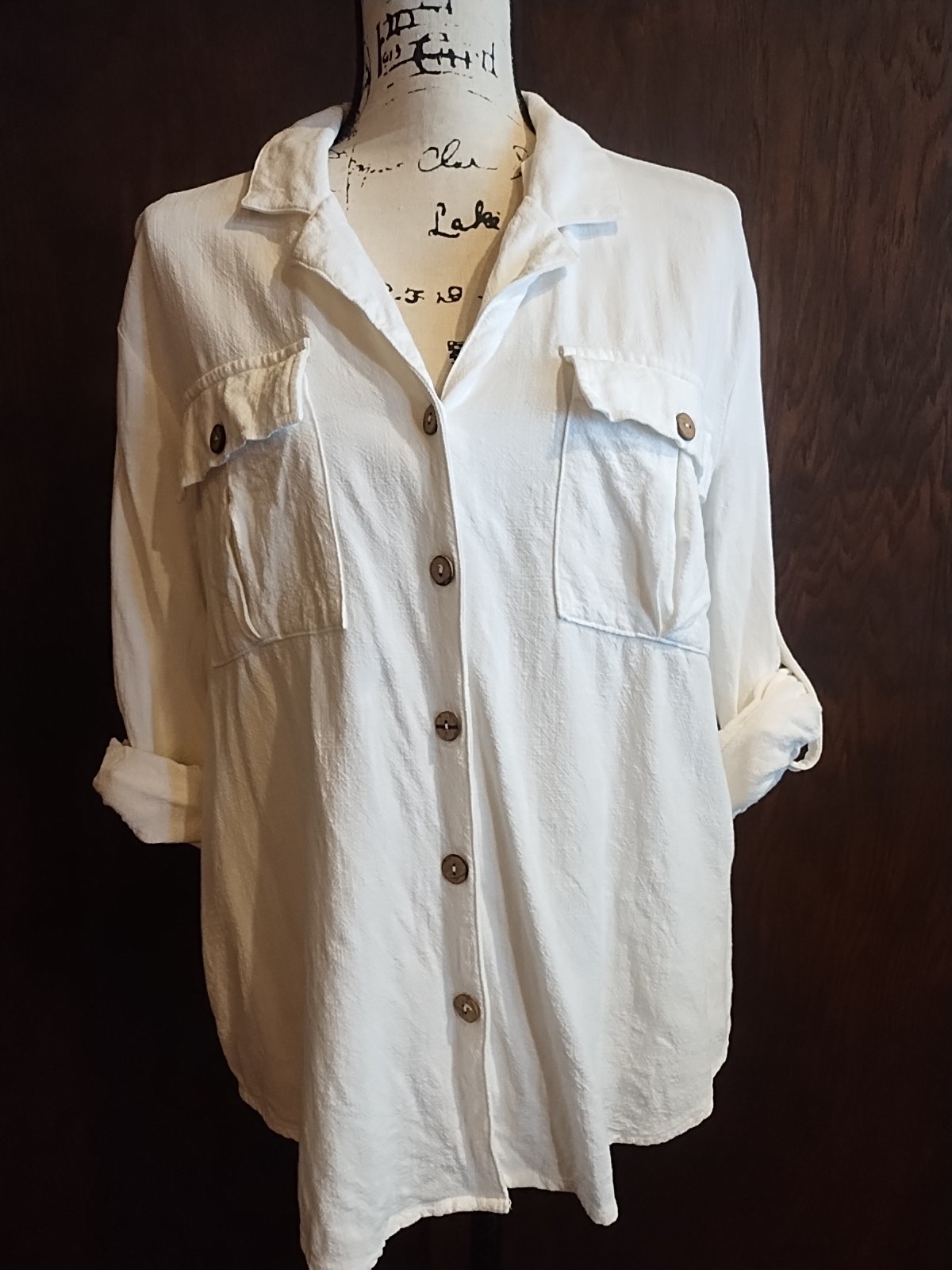 Womens Small Linen Blouse Size Button tab Ivory Oversized Top Shirt Promesa